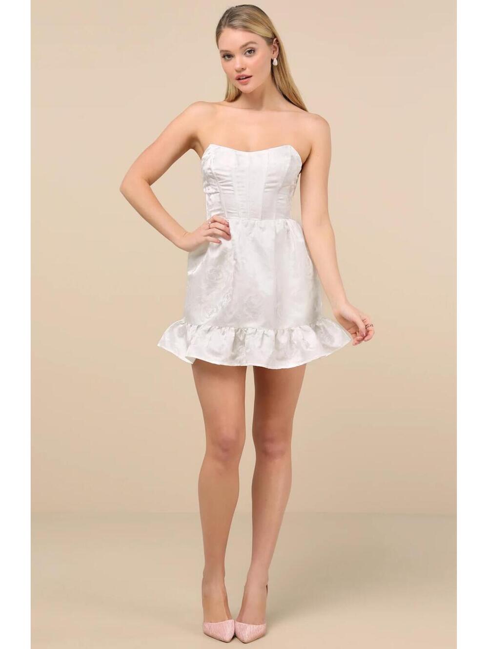 NWT (Flaw) Lulus Luxe Delight Ivory Jacquard Strapless Bustier Mini Dress Size M - Picture 1 of 9
